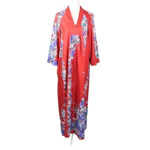 Vintage 70s Red Tropical Floral Zip Front Dressing Gown Muumuu Maxi Dress Robe M